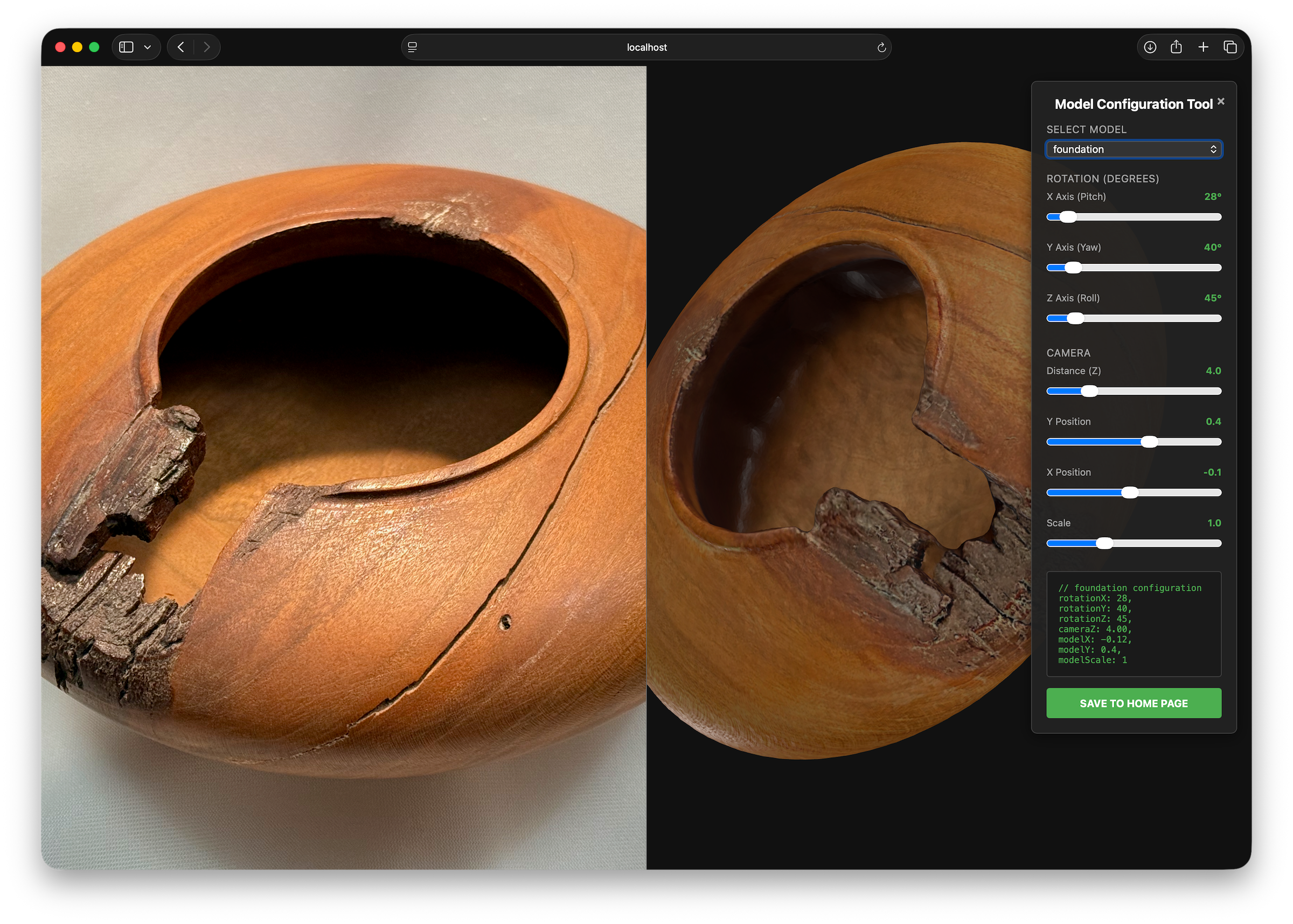 Model Configuration Tool showing side-by-side photograph and 3D model with rotation, camera, and scale controls