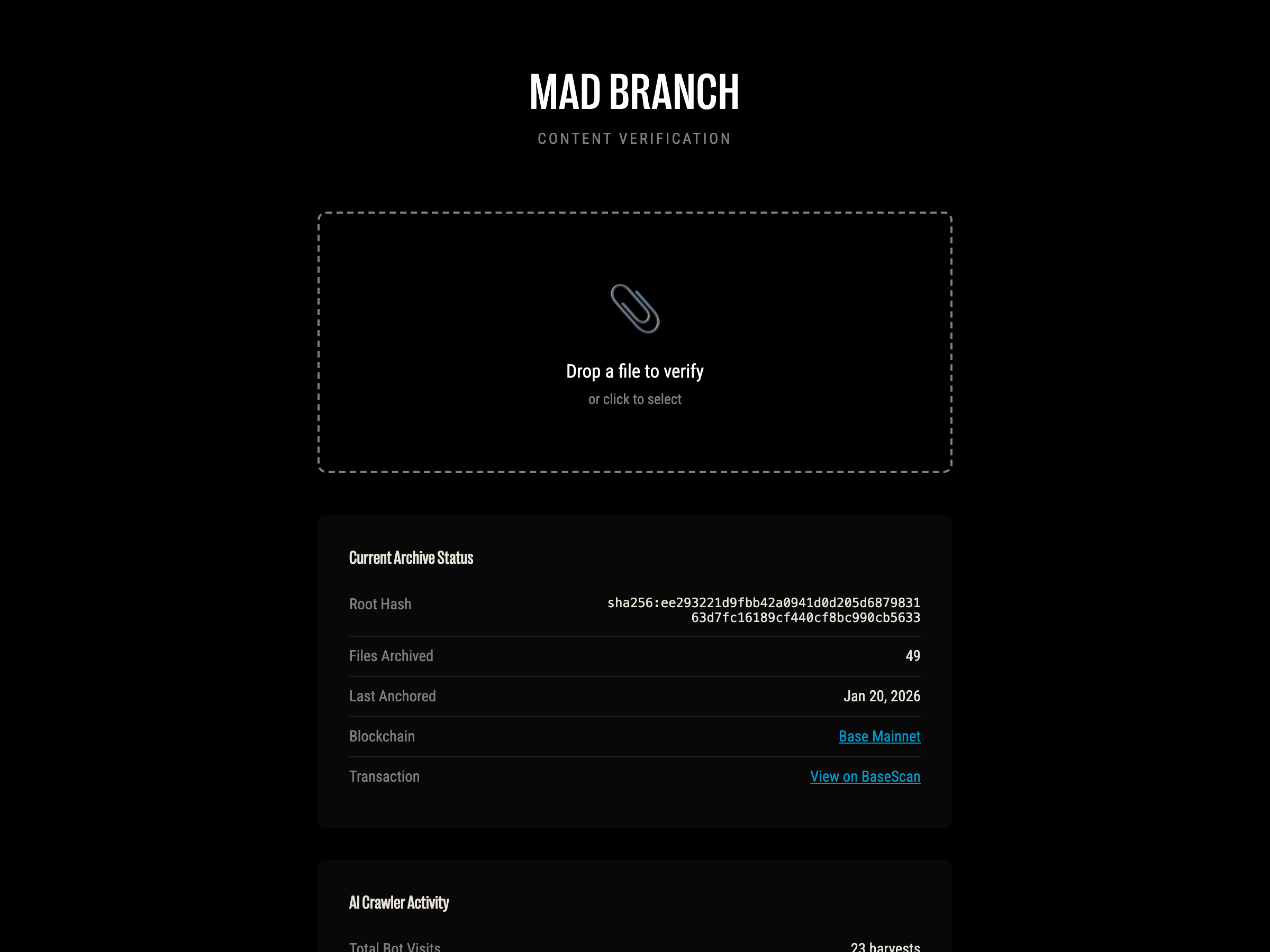 Mad Branch verification page showing file hash verification, blockchain anchoring status, and AI crawler tracking