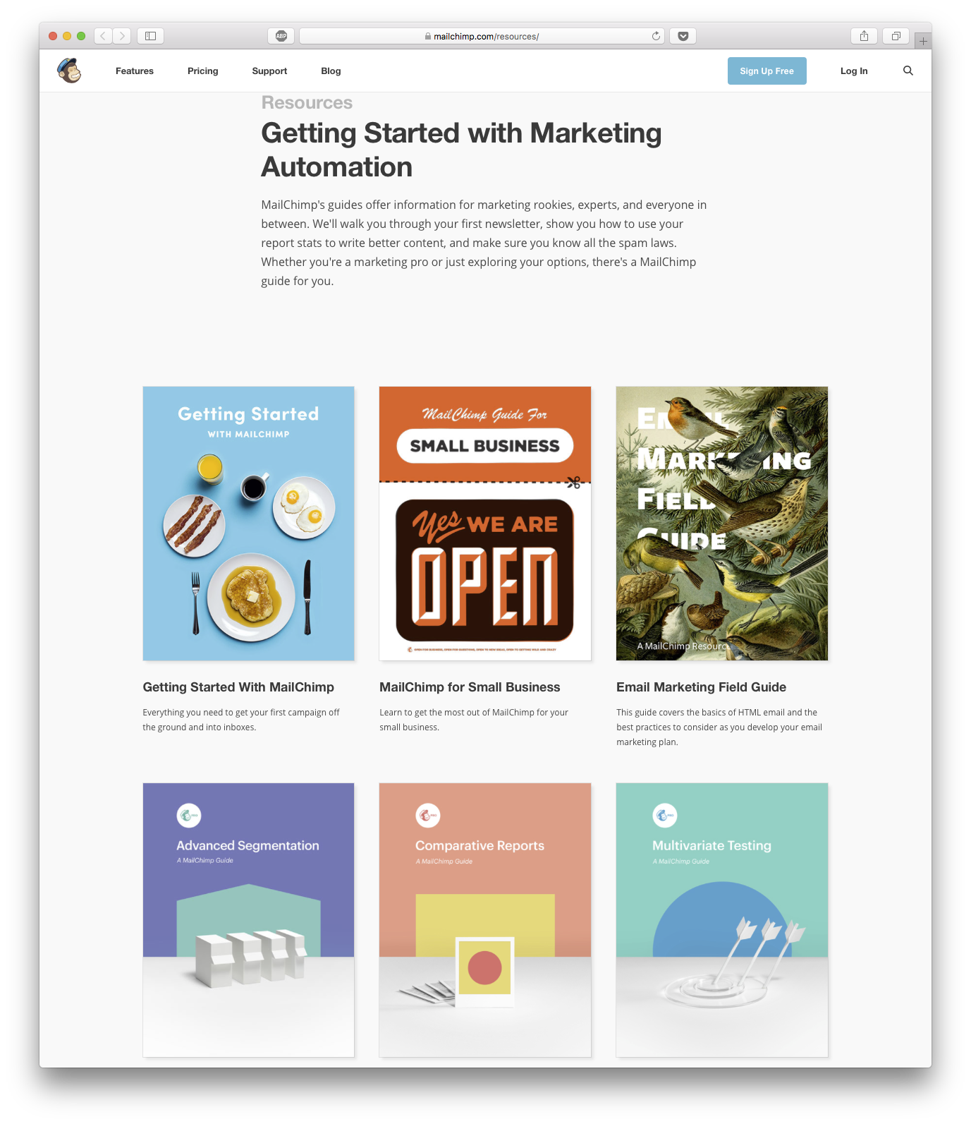 Mailchimp Resources section showing educational content organized by topic