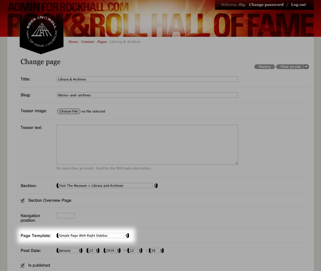 Django CMS admin interface showing page editing fields and content structure