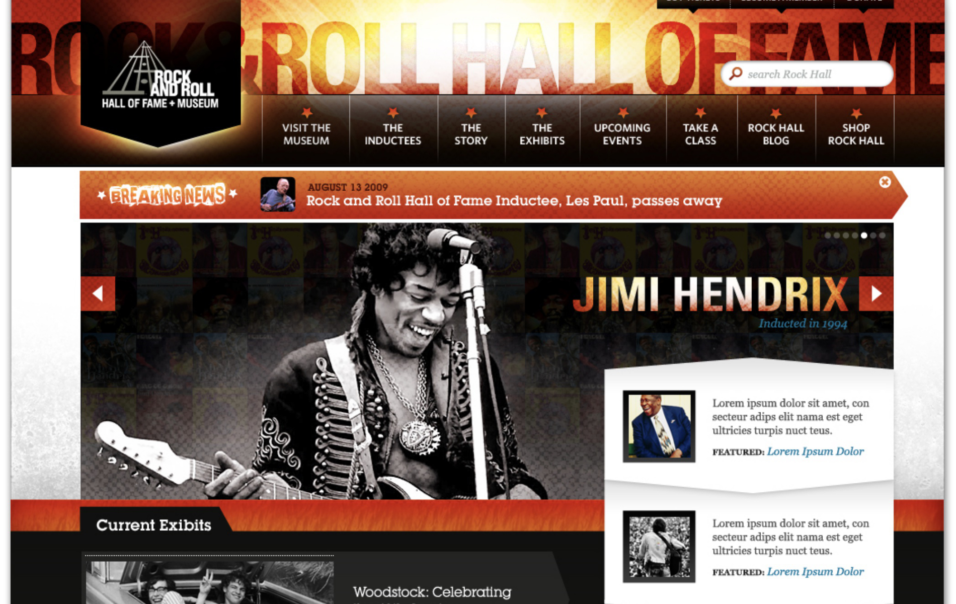 Launched Rock Hall homepage featuring Jimi Hendrix with breaking news banner and contextual content